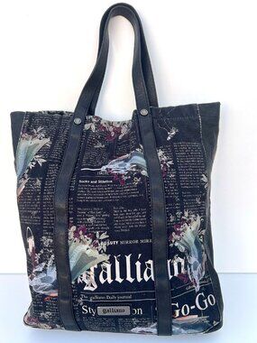 Authentic Galliano Black Gazette Newspaper Print Canvas Leather Tote Bag